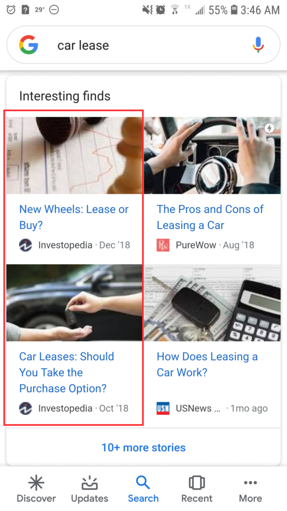 Google search results generated for "car lease"