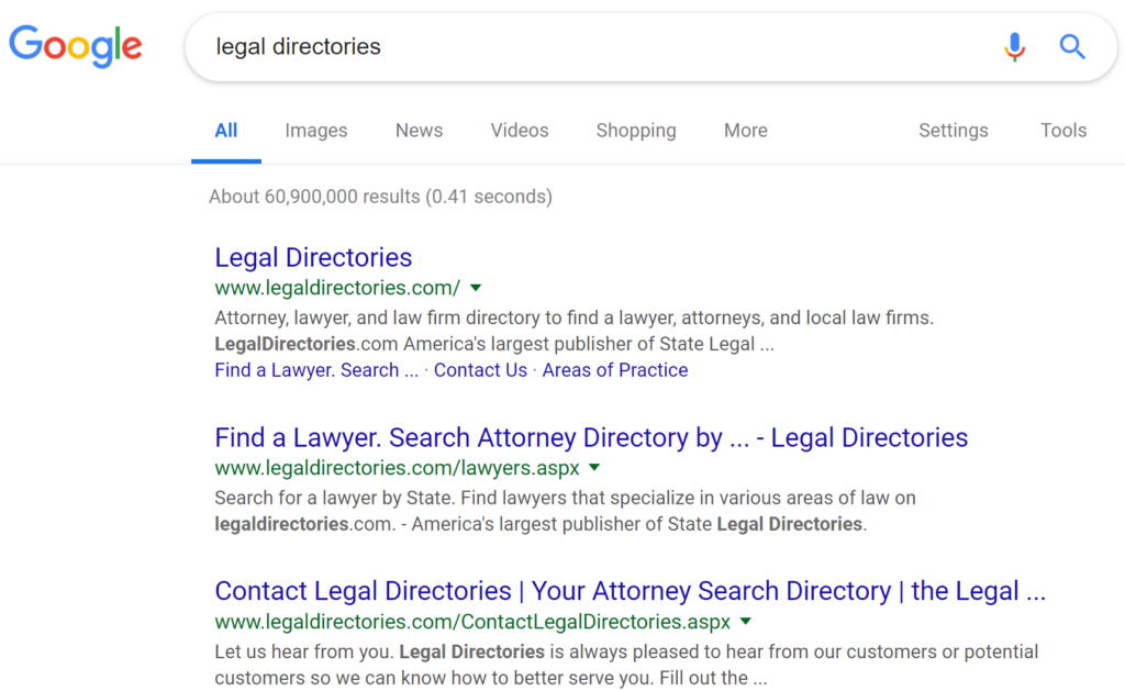 Google search results for query "legal directories"