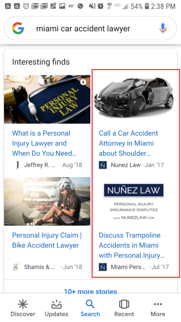 Google mobile search results generated from “Miami Car Accident Lawyers"