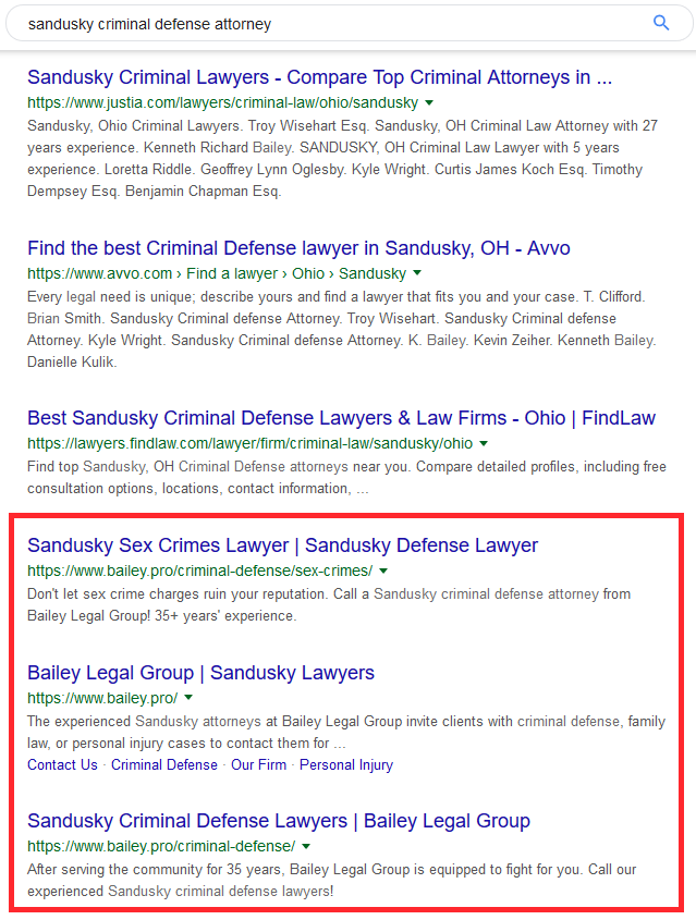 Google search query for "Sandusky criminal defense attorney"
