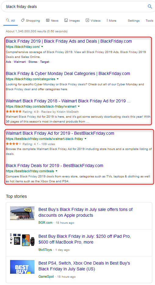  Google search results generated for “Black Friday deals" (8/03/2019)
