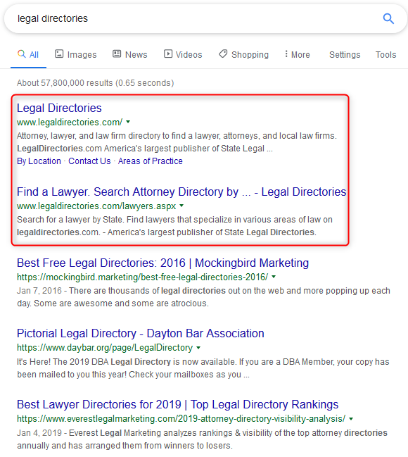  Google search results for query "legal directories" on 8/032019