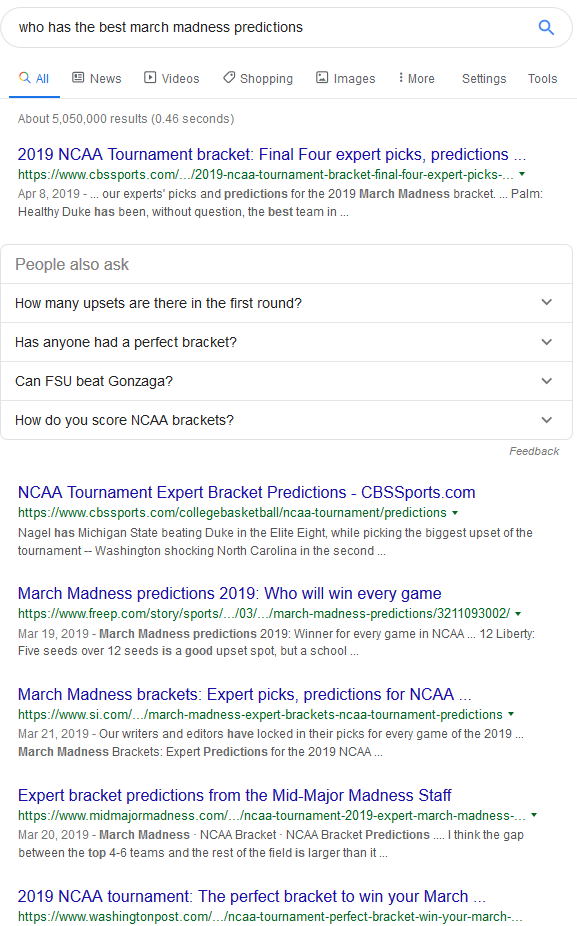  Google search result generated for "who has the best march madness predictions" on 8/03/2019
