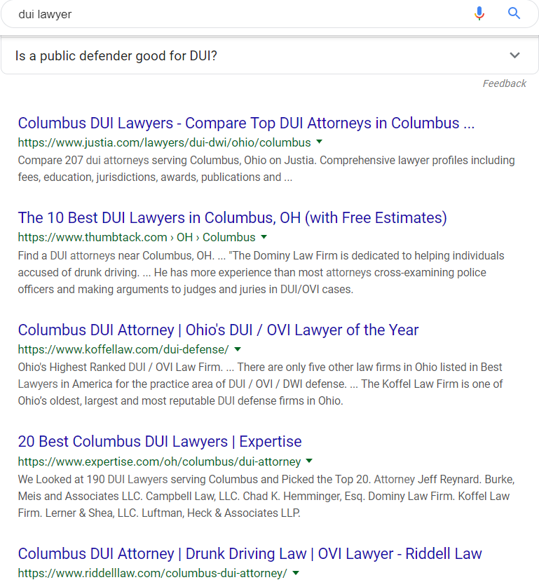 Google search results for query "DUI lawyer" in Columbus, Ohio on 8/03/2019