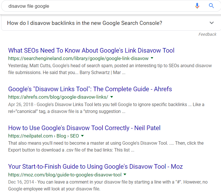 Google search results for query "disavow file Google" on 8/03/2019