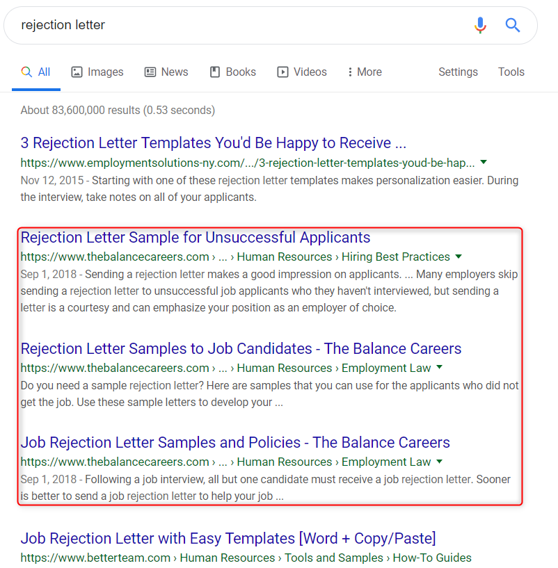 Google search results generated from “Rejection Letter”  on 8/03/2019