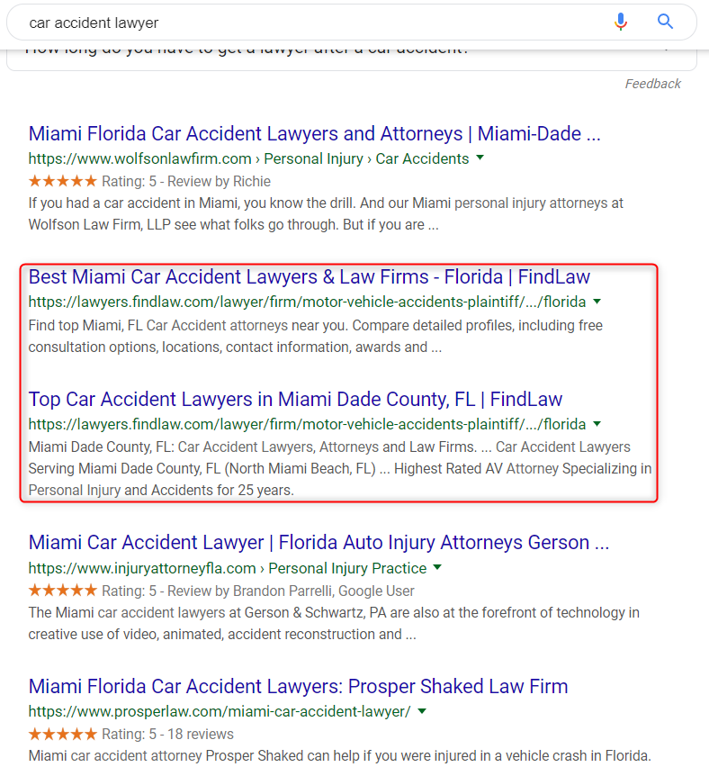 Google search results generated from “Car Accident Lawyer” in Miami, Florida on 8/03/2019