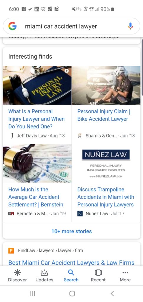 Google search results for query "Miami Car Accident Lawyer" on 8/03/2019  