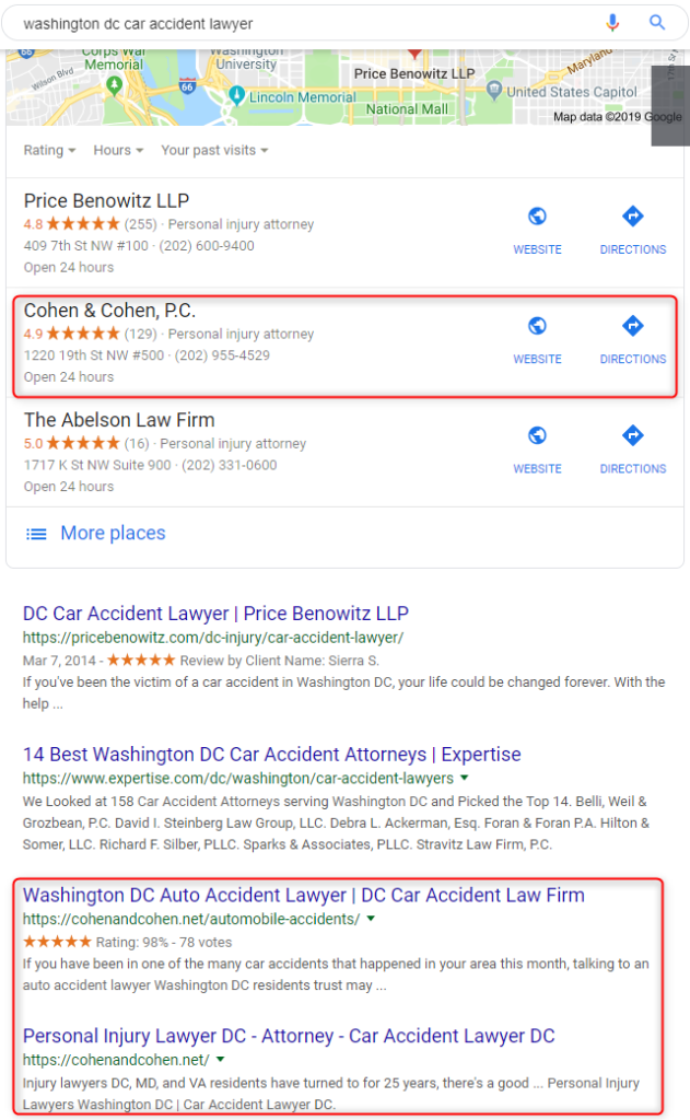 Google search results for query "Washington D.C. Car Accident Lawyer" on 8/03/2019 
